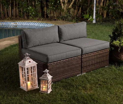 Vista 4 de COSIEST Juego de 2 sillas complementarias sin brazos para muebles de exterior para expandir sofá seccional de mimbre marrón chocolate con cojines