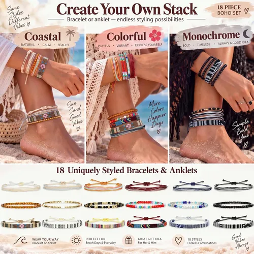 Vista 6 de Yinkin 18 Pcs Boho Surfer Ankle Bracelets for Women Men