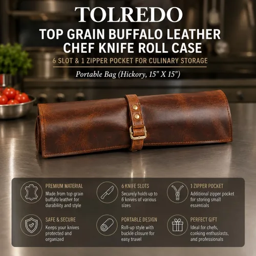 Vista 3 de Tolredo - Estuche de piel de búfalo para cuchillos de chef, 6 ranuras y 1 bolsillo con cremallera para almacenamiento culinario, bolsa portátil