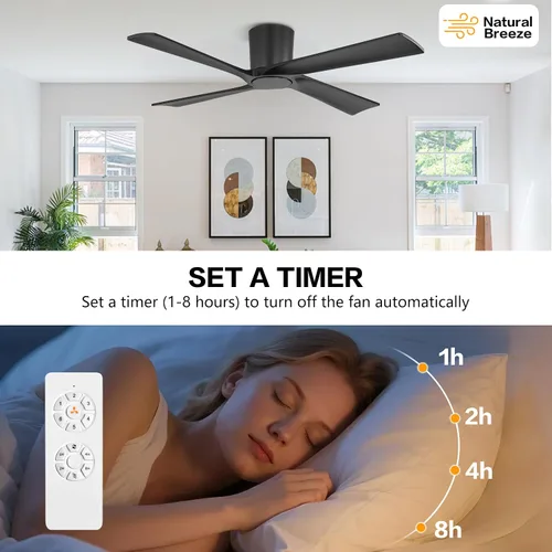 Vista 9 de WINGBO Ventilador de techo CC de montaje empotrado de 48 pulgadas sin luces, 4 aspas de madera tallada, motor CC reversible de 6 velocidades