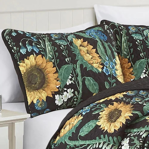 Vista 2 de ESCA - Juego de colcha de 3 piezas, tamaño Queen, con estampado de girasoles amarillos reversible, floral negro y verde