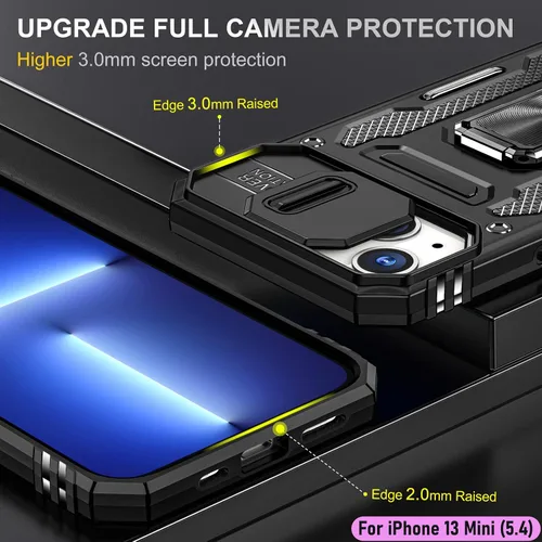 Vista 6 de Funda resistente para Apple iPhone 13 Mini, protección híbrida de goma de doble capa de grado militar con protector de cámara deslizante, soporte