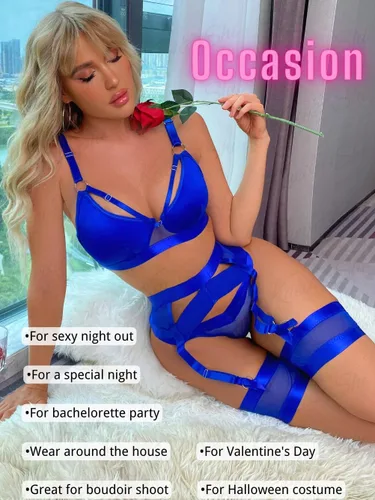 Vista 7 de Kaei&Shi - Lencería con liguero para mujer, conjunto de encaje traslúcido y sexy de 4 piezas combinadas