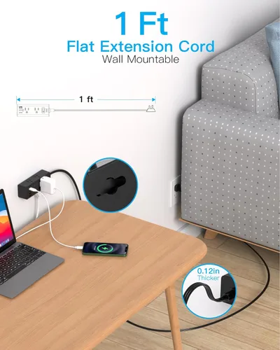 Vista 2 de Cable de extensión de 1 pie con múltiples tomas, regleta de alimentación de enchufe plano con cable de 1 pie, 6 tomas de corriente, 4 puertos USB