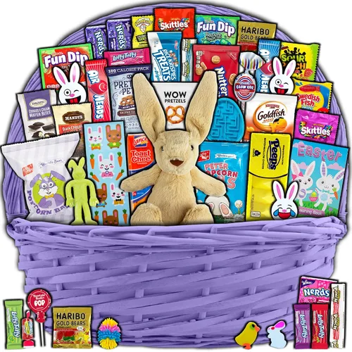 Vista 8 de Cesta de Pascua azul para niños y adultos (40 artículos) – Cesta de regalo llena de caramelos, bocadillos, golosinas y conejo de Pascua de peluche
