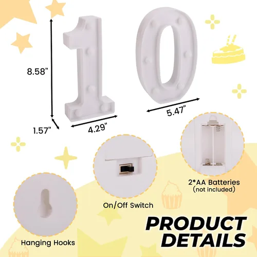 Vista 2 de Números con luz LED, letrero de número de marquesina para decoración de cumpleaños de 10 años (10)