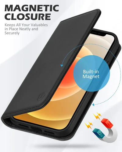 Vista 4 de SHIELDON Funda para iPhone 12/12 Pro 5G, Funda Tipo Billetera de Piel Auténtica con Bloqueo RFID Magnético, Soporte para Tarjetas de Crédito