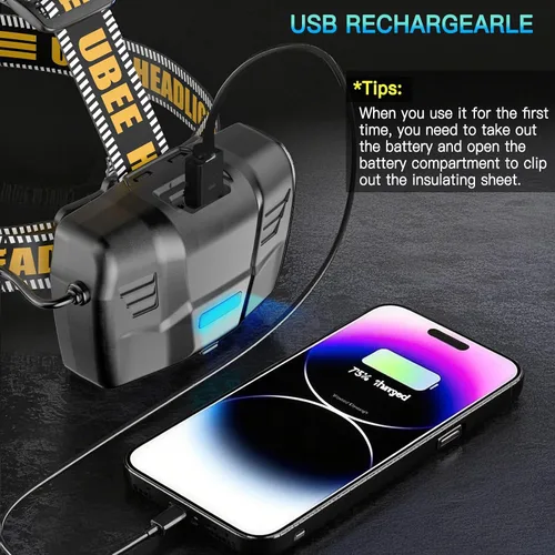 Vista 5 de UBEE Linterna frontal recargable, 800 lúmenes, lámpara de cabeza LED súper brillante con 7 modos y linterna frontal recargable impermeable IP68