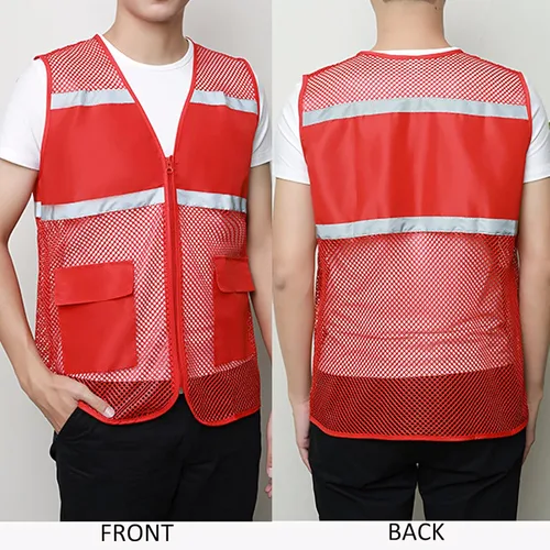 Vista 7 de TOPTIE Chaleco de seguridad de malla con cremallera, chaleco de uniforme de voluntario del equipo, chaleco reflectante para correr con bolsillos