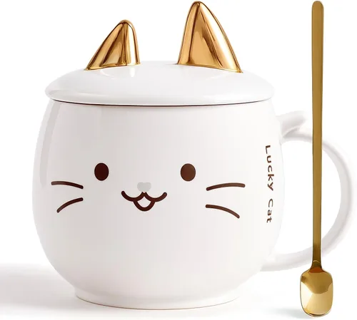 Vista 8 de Yuwu Taza de café de cerámica con cuchara y tapa, taza de 13.5 onzas con tapa de soporte para teléfono, bonita taza de té para mujeres y entusiastas