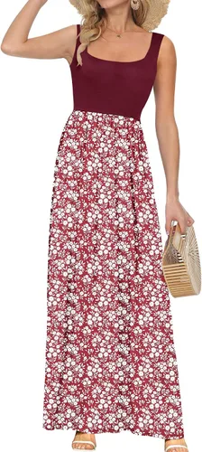 Vista 8 de AUSELILY Vestido largo con cuello cuadrado para mujer, sin mangas, floral, holgado, con bolsillos