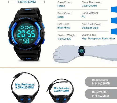 Vista 3 de MJSCPHBJK Reloj para niños, reloj para niños de 3 a 15 años, reloj digital deportivo al aire libre, multifuncional, cronógrafo LED 50 M, calendario