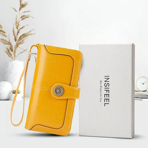 Vista 7 de INSIFEEL Billetera pequeña para mujer bolso compacto de cuero con bloqueo RFID RFID para mujer Amarillo Retro