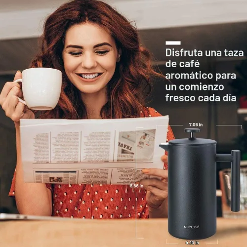 Vista 6 de Secura - Cafetera de prensa francesa de acero inoxidable 304 con 2 filtros adicionales Negro
