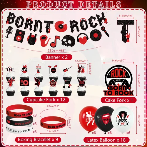 Vista 2 de Decoraciones de fiesta de rock and roll, incluyendo pancarta de Born to Rock, remolinos colgantes, adornos para pasteles, globos, pulseras