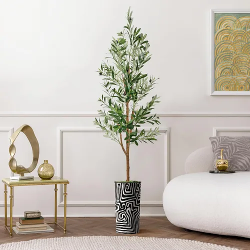 Vista 13 de Árbol artificial en macetero con patrón geométrico moderno, palmera tropical areca artificial de seda para decoración del hogar en interiores