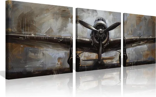 Vista 15 de 3 piezas de arte de pared en lienzo en blanco y negro vintage de la Segunda Guerra Mundial, aviones de combate militares, impresiones de fotografía