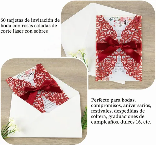 Vista 2 de AdasBridal 50 tarjetas de invitaciones de boda burdeos con sobres de 5 x 7 pulgadas, en blanco, 250 GSM, insertos de papel de pera con purpurina