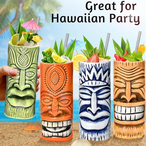 Vista 5 de Tiki Mugs - Juego de 4 tazas de cóctel de cristal Tiki de cerámica, vasos de cóctel únicos, taza hawaiana profesional de bar y Halloween fiesta