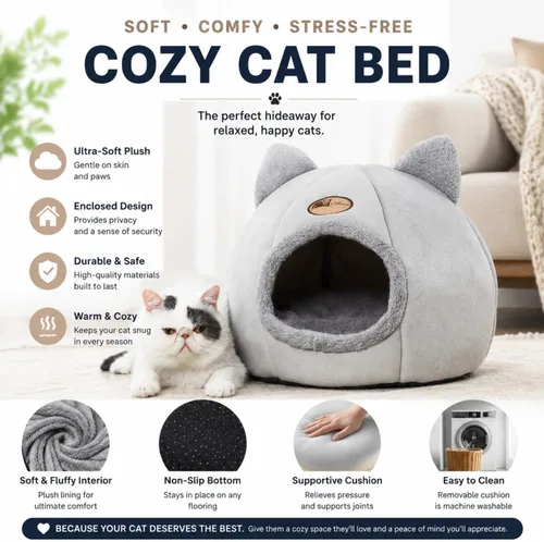 Vista 3 de Camas para gatos de interior, mullidas y acogedoras, casa para gatos Gris