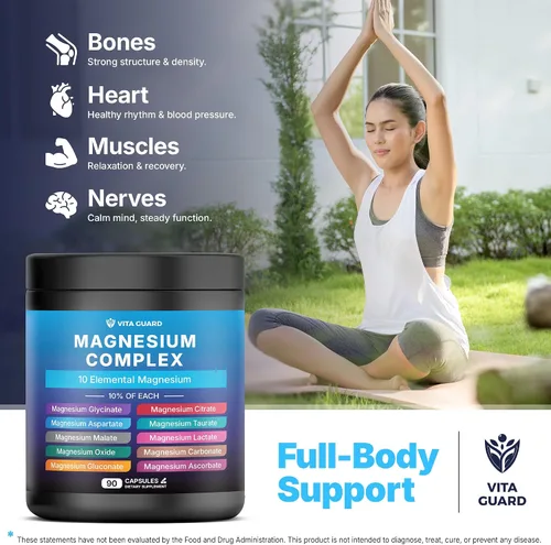 Vista 6 de Vita Guard Magnesium Complex 1480mg – 10-in-1 with Glycinate, Citrate, Malate & More – High Absorption – Sleep, Muscle, Nerve & Heart Support – 90