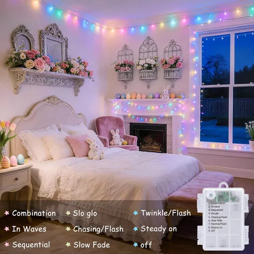 Vista 5 de JMEXSUSS 100 luces LED de Pascua de 33 pies, funciona con pilas, luces pastel para interiores y exteriores, luces coloridas para decoración de casa