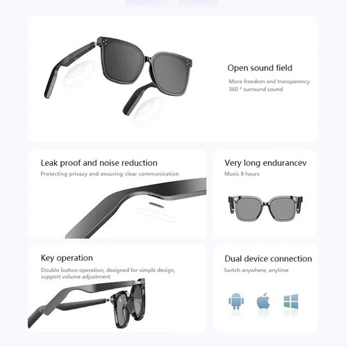 Vista 4 de Lentes de sol inteligentes Bluetooth para hombres y mujeres, gafas de audio con altavoces, protección UV400, asistente de voz, disparo remoto, carga