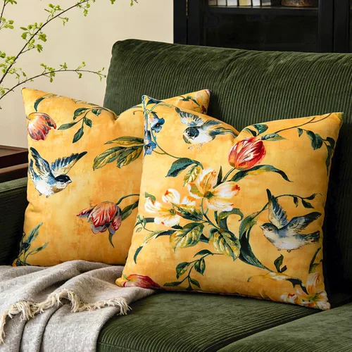 Vista 7 de Juego de 2 fundas de almohada decorativas de terciopelo de 18 x 18 pulgadas, estampado de pájaros y ramas en acuarela, felpa suave con acento neutro
