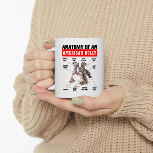 Vista 3 de Taza de café con diseño de anatomía de matón americano a rayas, divertida, taza de cerámica blanca de 11 onzas