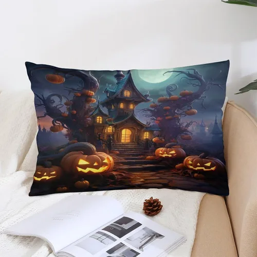 Vista 4 de Fundas de almohada frescas de casa embrujada, castillo, luna, bosque medieval, calabaza, fundas de almohada rectangulares con cremallera invisible