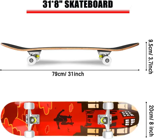 Vista 4 de Hikole Skateboard Tabla de skate completa PRO 31 x 8 in 7 capas de madera de arce canadiense, para adultos, trucos, tabla de skate