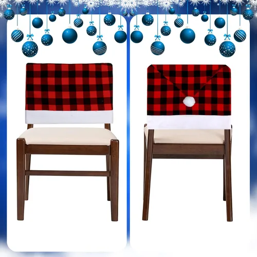 Vista 4 de CCINEE 6 fundas para respaldo de silla de Navidad, color negro y rojo, fundas para sillas de Navidad, diseño a cuadros, protector de silla