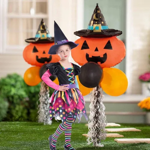 Vista 6 de Sincere Party Disfraz de bruja de Halloween para niñas, adorable disfraz de bruja colorido neón de lujo.