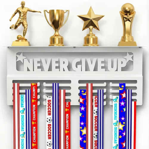 Vista 9 de Colgador de medallas AGATHOS HOME con estante para trofeos - Estante de premios de metal para paredes con capacidad para 64+ medallas deportivas