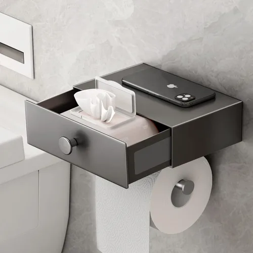 Vista 10 de VOLDRA Soporte de papel higiénico con estante negro dispensador de toallitas para baño Soporte de papel higiénico con cajón de diseño