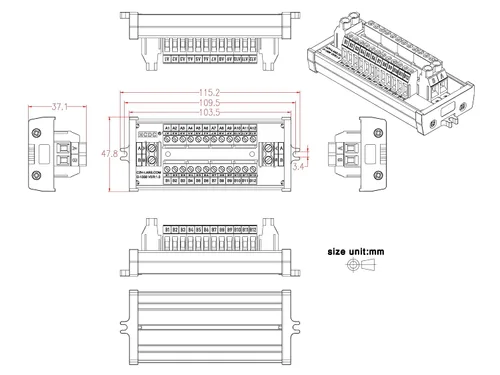 Vista 4 de Módulo de distribución de bloque de terminales de posición 30Amp/300V 2x12 (montaje de tornillo)