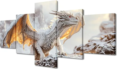 Vista 65 de Lienzo decorativo para pared de sala de estar, lienzo de dragón, 5 paneles, dragón verde, decoración de pared para el hogar, decoración de pared
