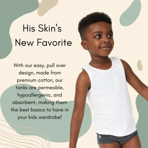 Vista 6 de Feathers Camiseta sin mangas blanca para niños, 100% algodón, sin etiquetas, paquete de 3