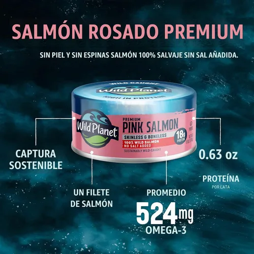 Vista 4 de Wild Planet Salmón rosa sin piel y sin hueso, lata de 6 onzas, paquete