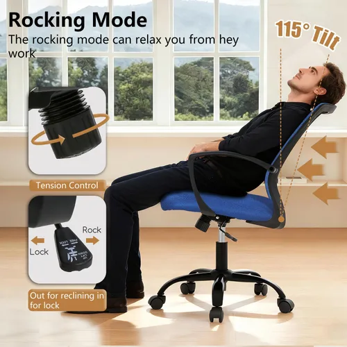 Vista 5 de PayLessHere Silla de oficina, silla de escritorio, silla de computadora, silla ergonómica, malla ejecutiva ajustable, respaldo medio con ruedas Azul