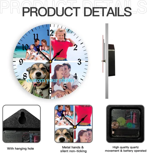 Vista 2 de Reloj de pared personalizado, reloj personalizado con texto de 4 imágenes, reloj de fotos silencioso redondo personalizado de PVC, regalos