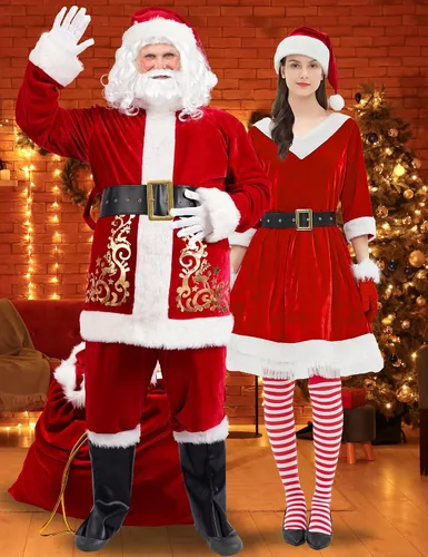 Vista 6 de Disfraz de Papá Noel para hombres y adultos, traje de Papá Noel, 11 piezas, traje de terciopelo rojo de lujo, juego de fiesta de Navidad