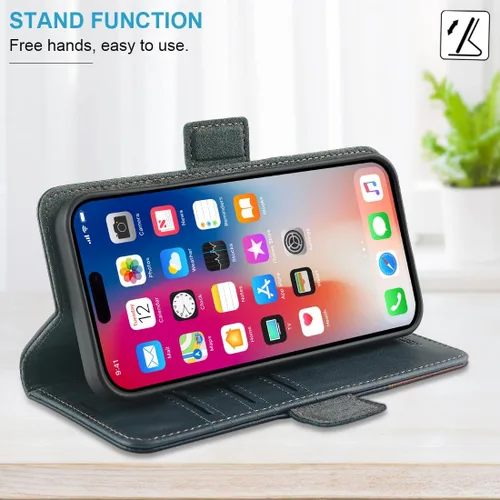 Vista 4 de KEZiHOME Funda para iPhone 15, de piel auténtica, bloqueo RFID, carcasa interior de TPU, cierre magnético, ranura para tarjetas, a prueba de golpes