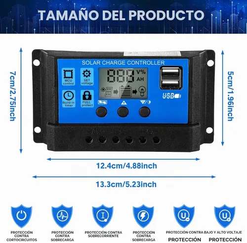 Vista 2 de Controlador de batería solar de 12 V/24 V, controlador de carga de panel solar de tierra, regulador de control de panel solar con pantalla LCD