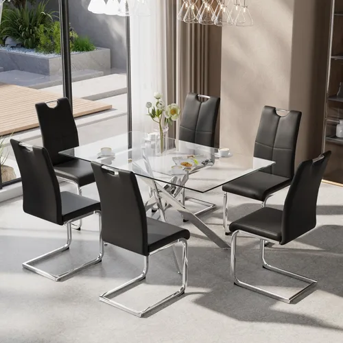 Vista 8 de Juego de mesa de comedor de 5 piezas para 4, mesa rectangular moderna de cristal con 4 sillas tapizadas de cuero, juegos de mesa y sillas de comedor