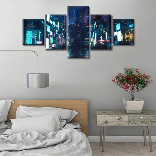 Vista 3 de Cuadros de 5 paneles de Cyberpunk City, arte de pared, representación de vallas publicitarias, edificios modernos en la capital con obras de arte