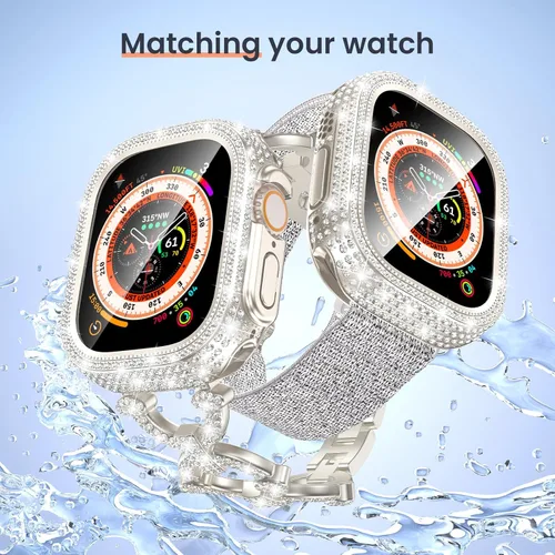 Vista 7 de LETOID - Funda impermeable para Apple Watch Ultra/Ultra 2, protector de pantalla de 1.929 in, funda protectora de cristal duro frontal con diamantes