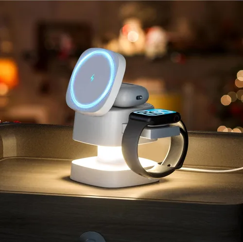 Vista 10 de 【Actualizado 2026】Cargador inalámbrico 4 en 1, estación de carga inalámbrica 3 en 1 con luz nocturna para cargador MagSafe, soporte de viaje Gris