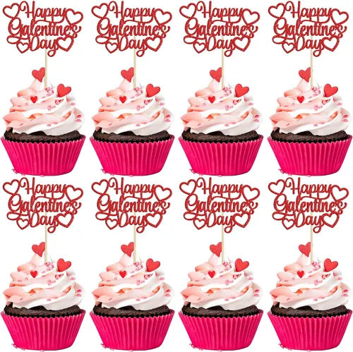 Vista 11 de 24 piezas de decoración de cupcakes con purpurina dorada para el día de San Valentín, temática de San Valentín, fiesta de cumpleaños, suministros