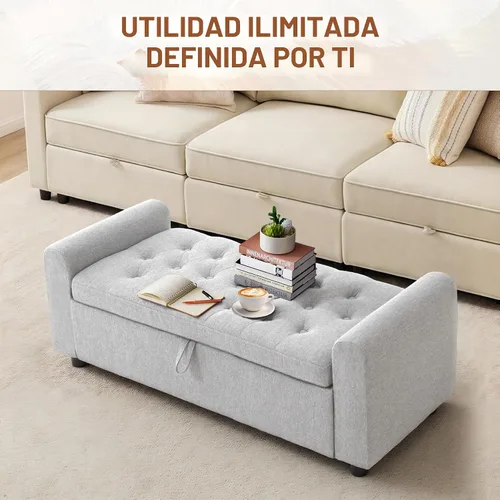 Vista 5 de 48" Ottoman with Storage, Tufted Storage Ottoman Bench, Convenient Living Room Fabrics Bench Seat, Entryway Shoe Benches with Inner Zipper & Arm